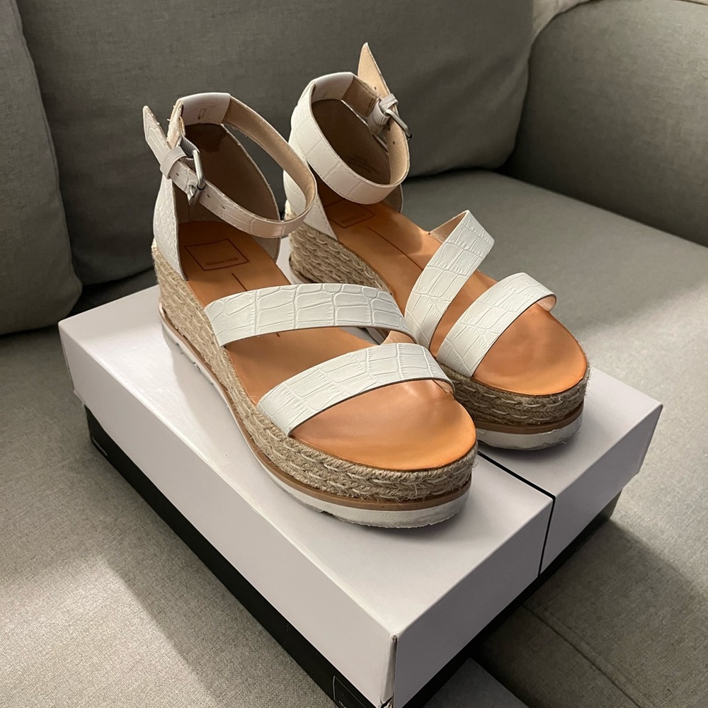 Dolce Vita “Liza” Espadrille Wedge Sandal in Off White Crocodile Print